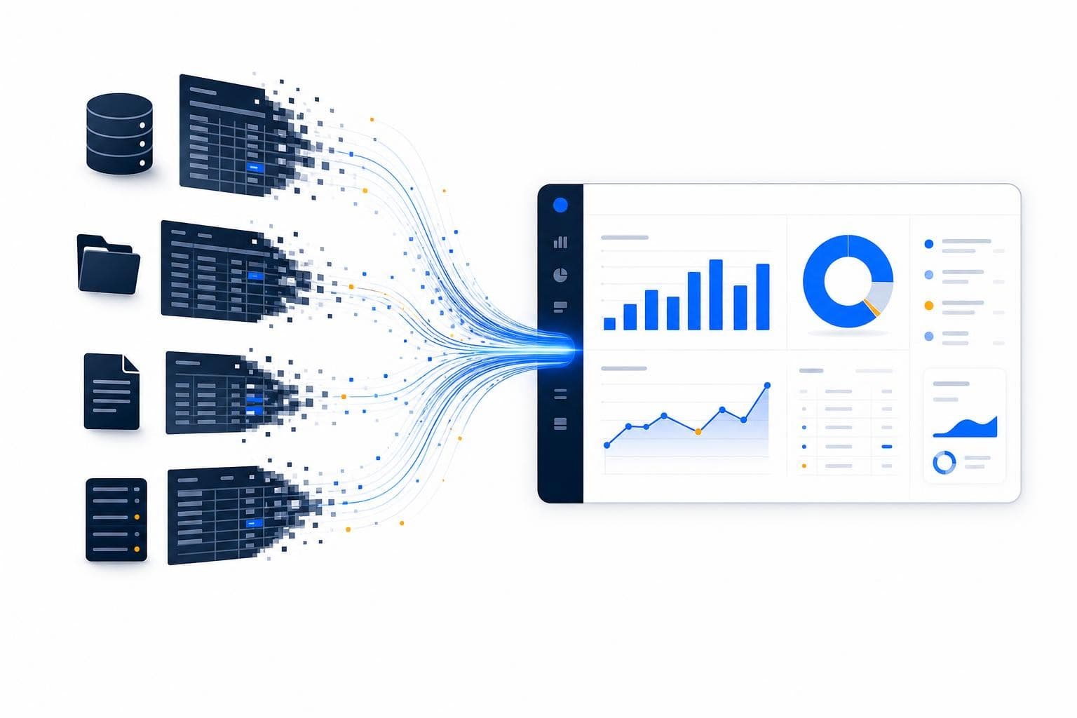 Fragmentierte Daten aus mehreren Quellsystemen fließen zu einem automatisierten Reporting-Dashboard zusammen